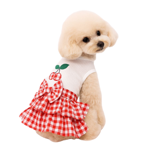 KIRMIZI EKOSE KİRAZLI ELBİSE